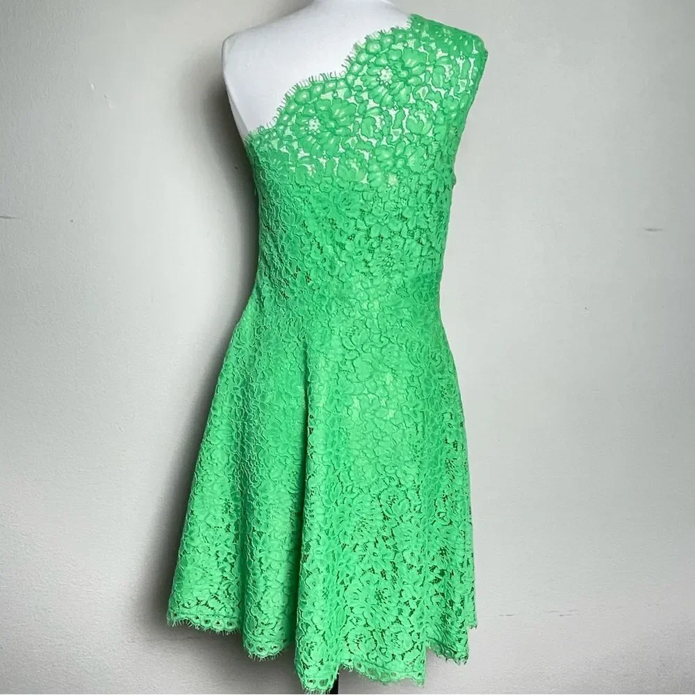 Shoshanna Lace Dress ‘Maia’ Sz: 4 | One Shoulder | Green Summer Cocktail Party - Picture 5 of 16